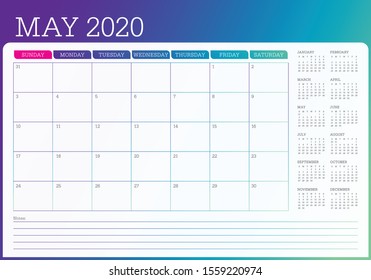 May 2020 desk calendar vector illustration, simple and clean design. 
