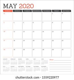 May 2020 desk calendar vector illustration, simple and clean design. 
