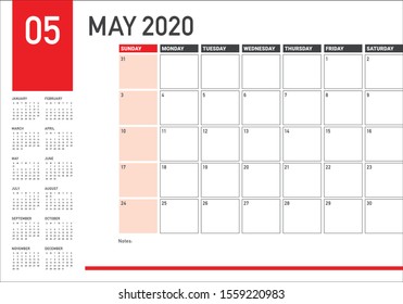 May 2020 desk calendar vector illustration, simple and clean design. 
