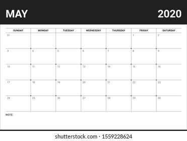 May 2020 desk calendar vector illustration, simple and clean design. 
