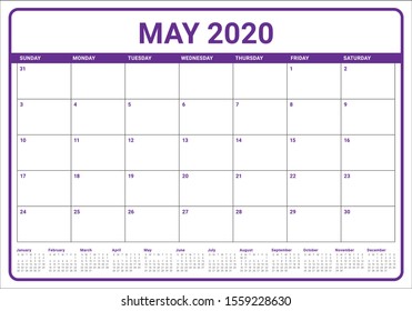 May 2020 desk calendar vector illustration, simple and clean design. 
