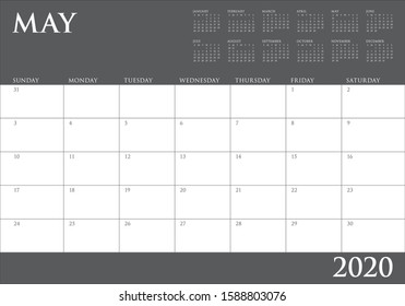 May 2020 desk calendar vector illustration, simple and clean design. 
