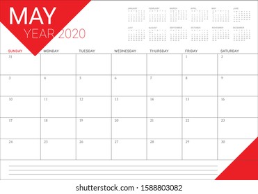 May 2020 desk calendar vector illustration, simple and clean design. 
