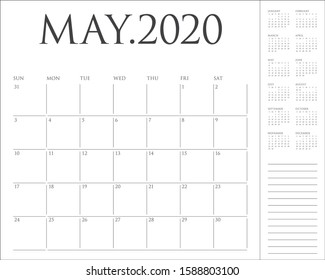 May 2020 desk calendar vector illustration, simple and clean design. 
