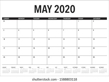 May 2020 desk calendar vector illustration, simple and clean design. 

