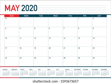 May 2020 desk calendar vector illustration, simple and clean design. 

