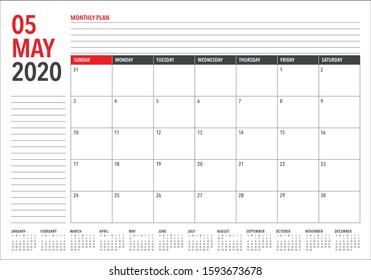 May 2020 desk calendar vector illustration, simple and clean design. 

