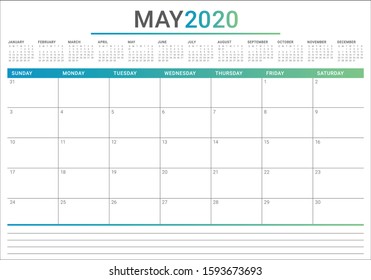 May 2020 desk calendar vector illustration, simple and clean design. 

