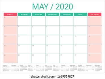 May 2020 desk calendar vector illustration, simple and clean design. 