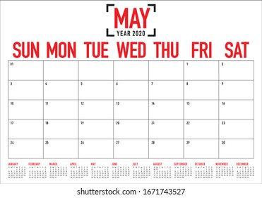 May 2020 desk calendar vector illustration, simple and clean design.