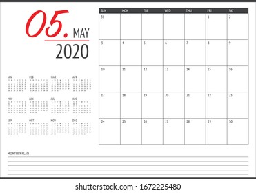 May 2020 desk calendar vector illustration, simple and clean design. 