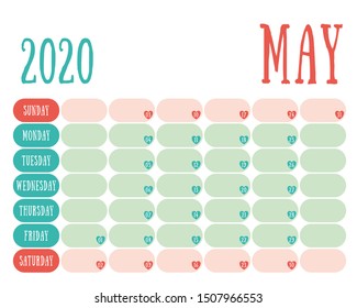 May 2020 diary. Calendar. Cute trend design. New year planner. English calender. Green and red color vector template. Notebook for notes. Week starts on Sunday. Planning. Hearts