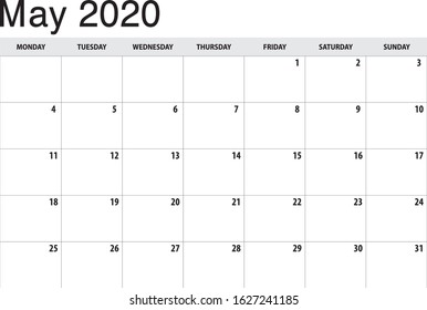 May 2020 horizontal calendar grid on white background. Week starts on Monday. Simple 
 minimalist style. Large empty cells for notes and planning. 