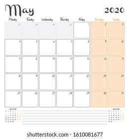 May 2020. Monthly calendar planner printable template. Vector illustration. Week starts on Monday