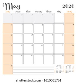 May 2020. Monthly calendar planner printable template. Vector illustration. Week starts on Sunday