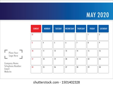 May 2020 monthly calendar vector illustration, simple and clean design. 