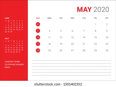 May 2020 monthly calendar vector illustration, simple and clean design. 