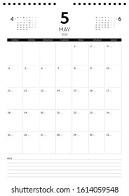 May 2020. Monthly vertical calendar planner printable template A4, A3. Vector illustration. Week starts on Monday.