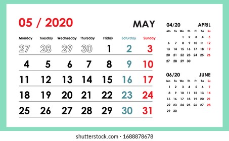 May 2020. Office, wall and desk calendar. Full printable.
Design print template. Week starts on Monday. Vector illustration.