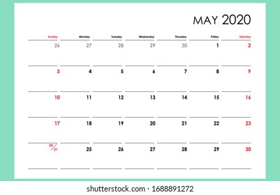 May 2020. Office, wall and desk calendar. Daily organiser, planner. Full printable.
Design print template. Week starts on Sunday. Vector illustration.