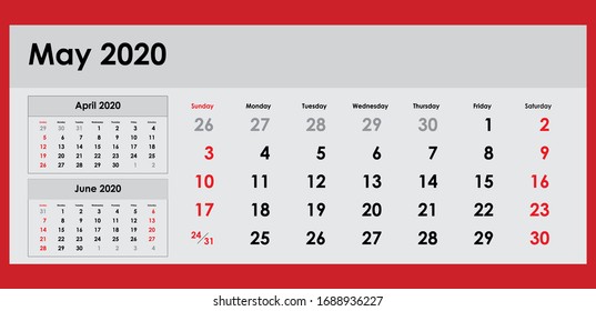 May 2020. Office, wall and desk calendar. Daily organiser, planner. Full printable. Design print template. Week starts on Sunday. Vector illustration.