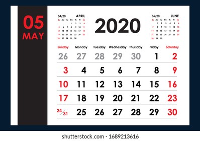 May 2020. Office, wall and desk calendar. Daily organiser, planner. Full printable. Design print template. Week starts on Sunday. Vector illustration.