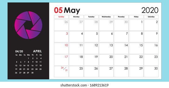 May 2020. Office, wall and desk calendar. Daily organiser, planner. Full printable. Design print template. Week starts on Sunday. Vector illustration.