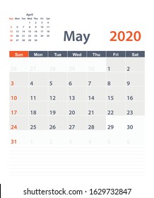 May 2020 vector planning calendar with a place for notes. Weeks start on Sunday.