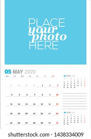 May 2020. Wall calendar planner template. Vector stationery design print template with place for photo. Week starts on Monday. 3 months on page