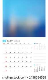 May 2020. Wall calendar planner template. Vector stationery design print template with place for photo. Week starts on Sunday. 3 months on page
