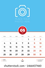 May 2020. Wall calendar planner template for 2020 year. Week starts on Monday. Vector illustration