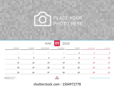 May 2020. Wall calendar planner with place for photo. Vector design print template. Week starts on Monday. Landscape orientation