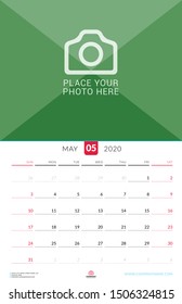 May 2020. Wall calendar planner with place for photo. Vector design print template. Week starts on Sunday