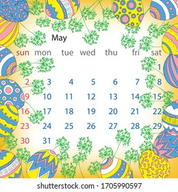 May 2021 Bright calendar decorated with Easter eggs. Vector editable template.