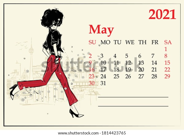 5月 21年のスケッチスタイルのファッションガール付きカレンダー のベクター画像素材 ロイヤリティフリー