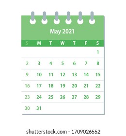 Hoja del Calendario de Mayo de 2021. Plantilla de diseño mensual del calendario. La semana empieza el domingo. Ilustración vectorial de negocio.