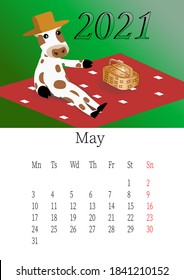 May 2021. Calendar month with a bull in a funny hat on a picnic. Editable vector template. Vector illustration in a flat style.