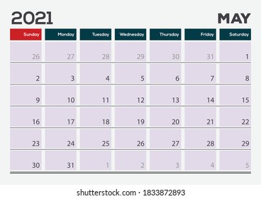 Mayo 2021. Plantilla de diseño del planificador de calendarios. La semana empieza el domingo