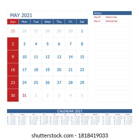 May 2021 Calendar Planner. Office calendar vector template.