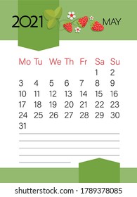 MAY 2021. Calendar template. Strawberry berry. Page. Planner diary in a minimalist style. Corporate and business calendar in minimal table. Week starts Monday. Vector illustration.