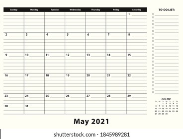 May 2021 Monthly Business Desk Pad Calendar. May 2021 Calendar Planner With To-do List And Place For Notes In Black And White Design.