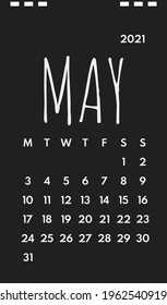 may 2021 office calendar, week starts monday, one weekend, black background