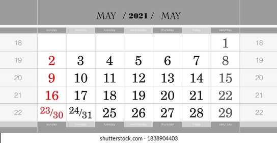 May 2021 quarterly calendar block. Wall calendar in English, week starts from Sunday. Vector Illustration.