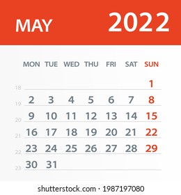 May 2022 Calendar Leaf - Vector Illustration. Week starts on Monday