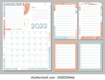 May 2022 calendar month planner in pastel color, week starts on Sunday, planner and notes pages collection set. Drawing page for notes, notebooks, diary, organizer and schedule