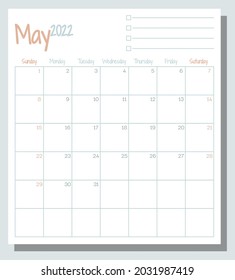 Planificador de mes calendario de mayo de 2022 con Lista de tareas pendientes, la semana comienza el domingo, plantilla, simulación de ilustración de calendario. página de gráfico de vector