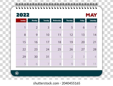 May 2022. Calendar planner design template. Week starts on Sunday