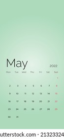May 2022 calendar planner set for template corporate design week start on Monday. Vector