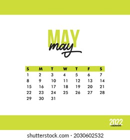May 2022 calendar. Calendar sticker design template. Week starts on Sunday. Business vector illustration.February 2022 calendar. Calendar sticker design template. Week starts on Sunday. Business vecto