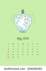 May 2022 calendar. Calendar template decorated with a cute cat sitting in the blue magic bottle. Vector illustration 10 EPS.
